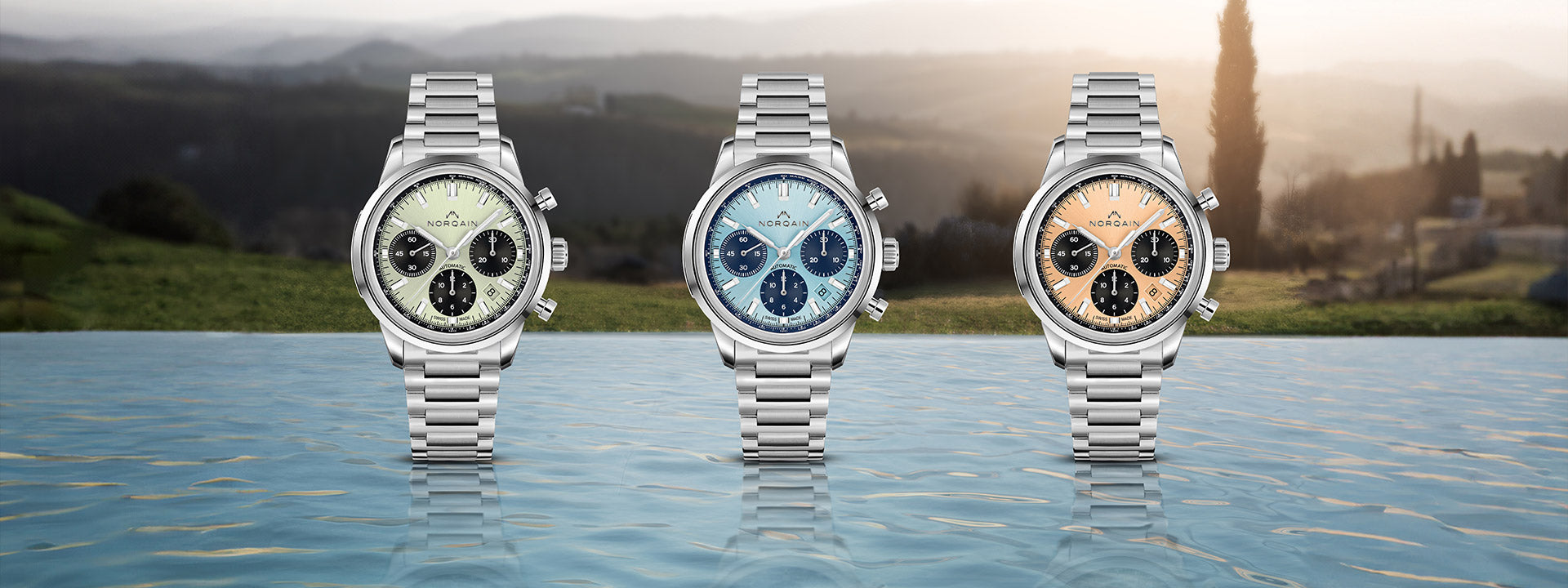 NORQAIN brings the charm and warmth of Toscana to its vintage Freedom 60 Chrono sports watch line with a trio of bright, colourful dials.